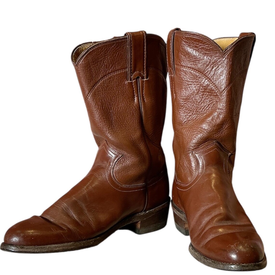 Vintage 90s Tony lama cowboy cowgirl cognac leather flat ankle roper rodeo boots 6 B, foto 1 di 5
