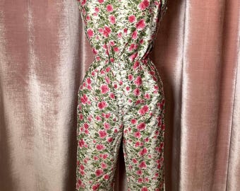 Vintage 1950s Priya Sports Maker Cotton Floral Scrunchie Elastic High Waist Jumpsuit small