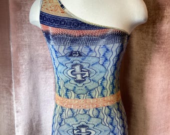 Vintage Jean Paul Gaultier Soleil Currency Print One Shoulder Maxi