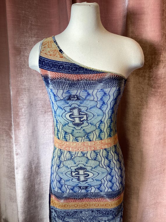 Vintage Jean Paul Gaultier Soleil Currency Print One Shoulder Maxi