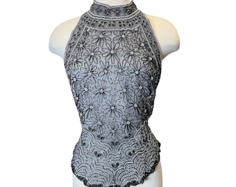 Top vintage in seta asimmetrico con scollo a V e paillettes di Adrianna Papell, stile Y2K, L