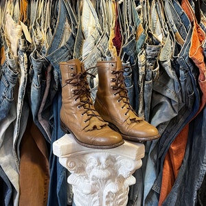 Vintage 80s Justin Leather Roper Lace Up Flat Western Boots