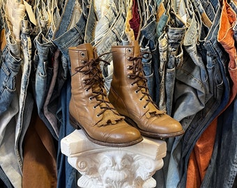 Vintage 80s Justin Leather Roper Lace Up Flat Western Boots