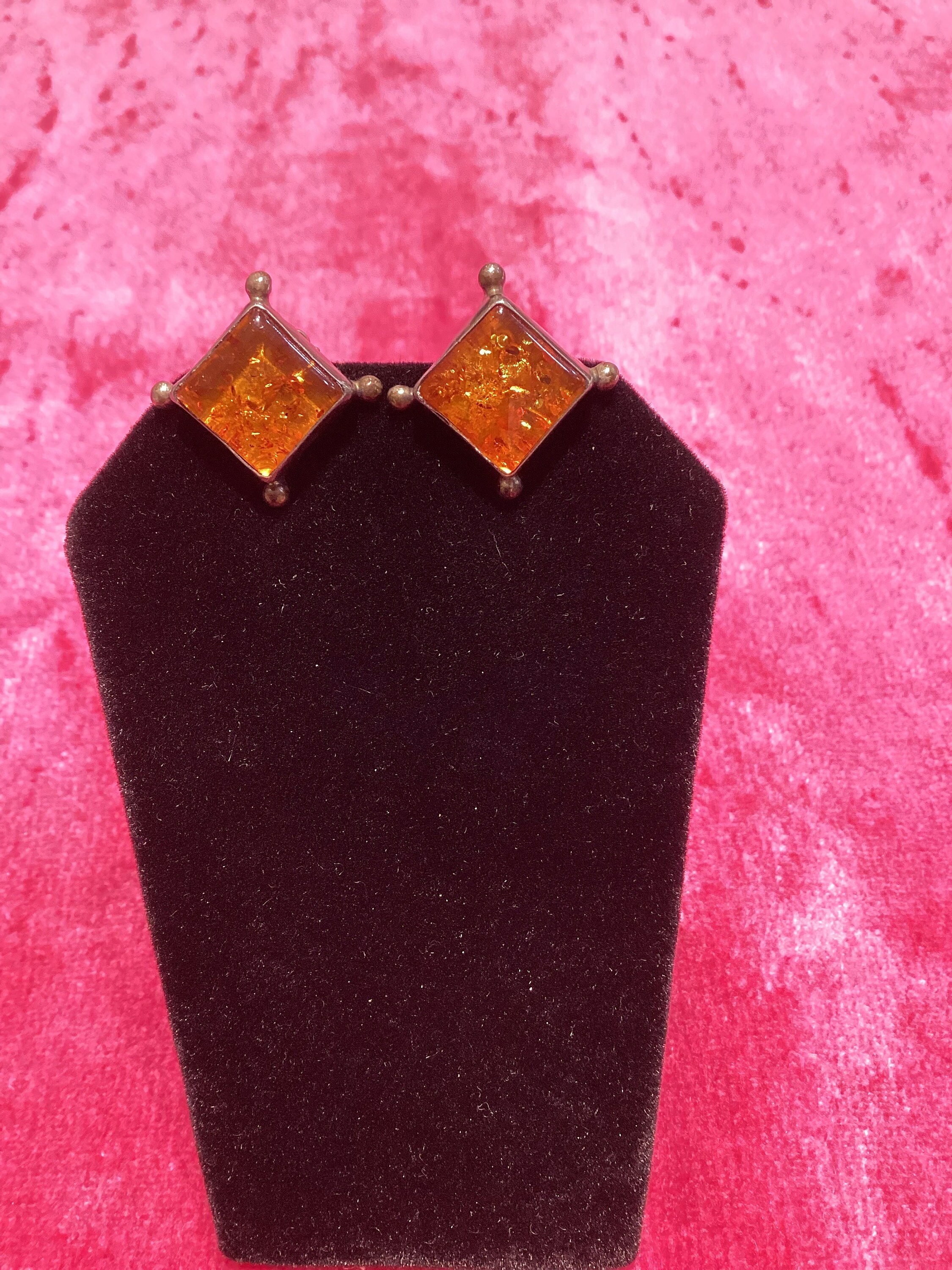 Boucles D'oreilles Résine Façon Ambre Vintage Années 80 - Occasion, Fermoir Clips, Style Rétro