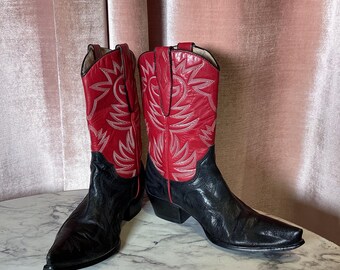 Vintage 90s Red & Black Leather Cowgirl Boots: Embroidered Western Size 7.5