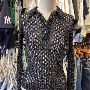 Vintage 1970’s Open Knit Metallic Collar Polo Top Size S