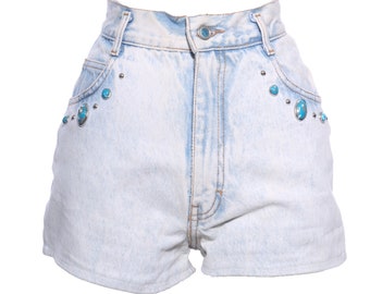 Short en jean VTG années 80, délavé à l'acide, turquoise, découpé, orné de pierres, S 25 24