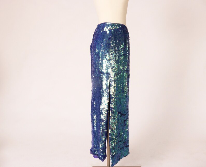 Double Slit Iridescent Party Skirt Vintage Sequin Side Slit Midi Skirt