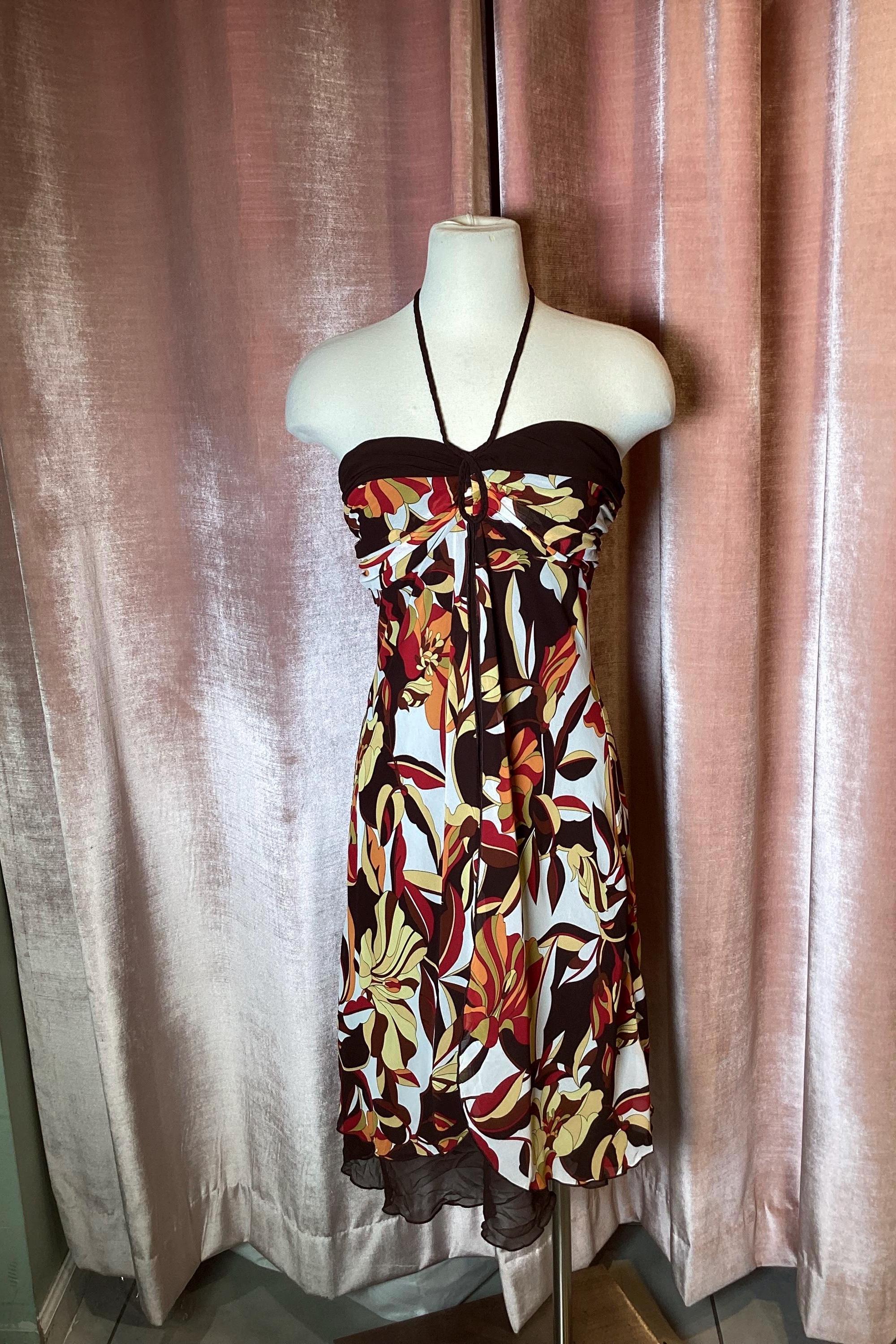 Vintage Y2K Bisou Bisou Halter Bohemian Chic Brown Floral Retro Strapless  Flirty Summer Mini Dress - Etsy