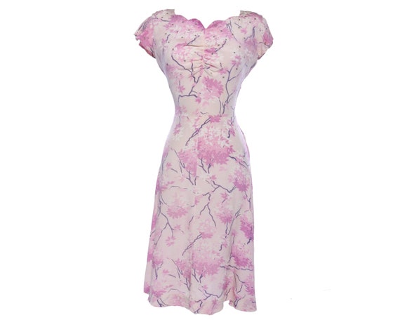 cherry blossom silk dress Vtg 1940s SILK CHERRY BLOSSOM Pink Lavender Pastel Rhinestone Flowy Midi  Dress S M