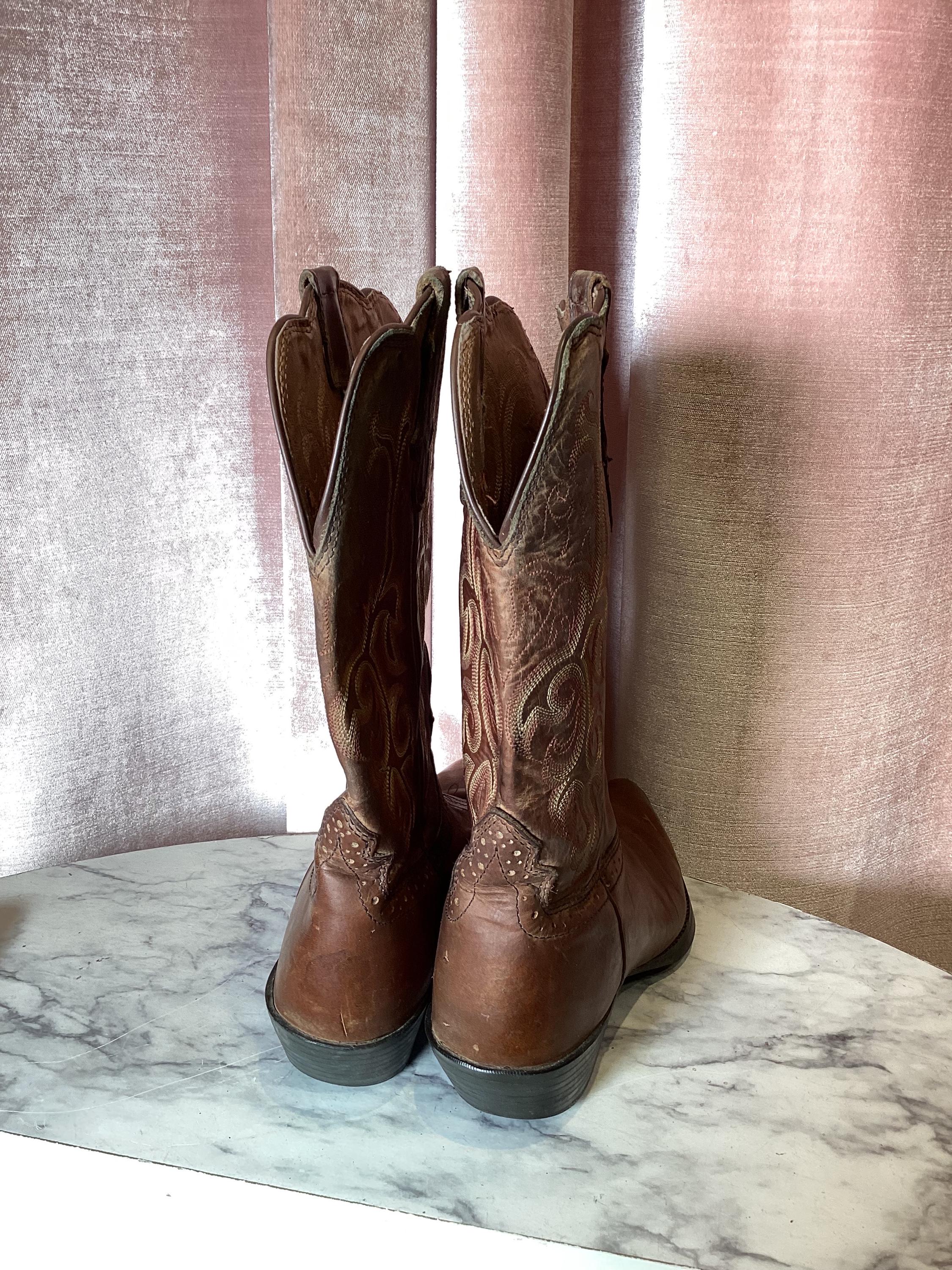 Vintage 90's Ariat Brown Leather Embroidered Cowboy Boots 9B - Etsy