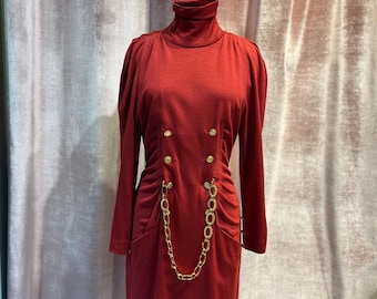 Vintage 1990s Chanel Button Front Chain Mock Neck Dress Small