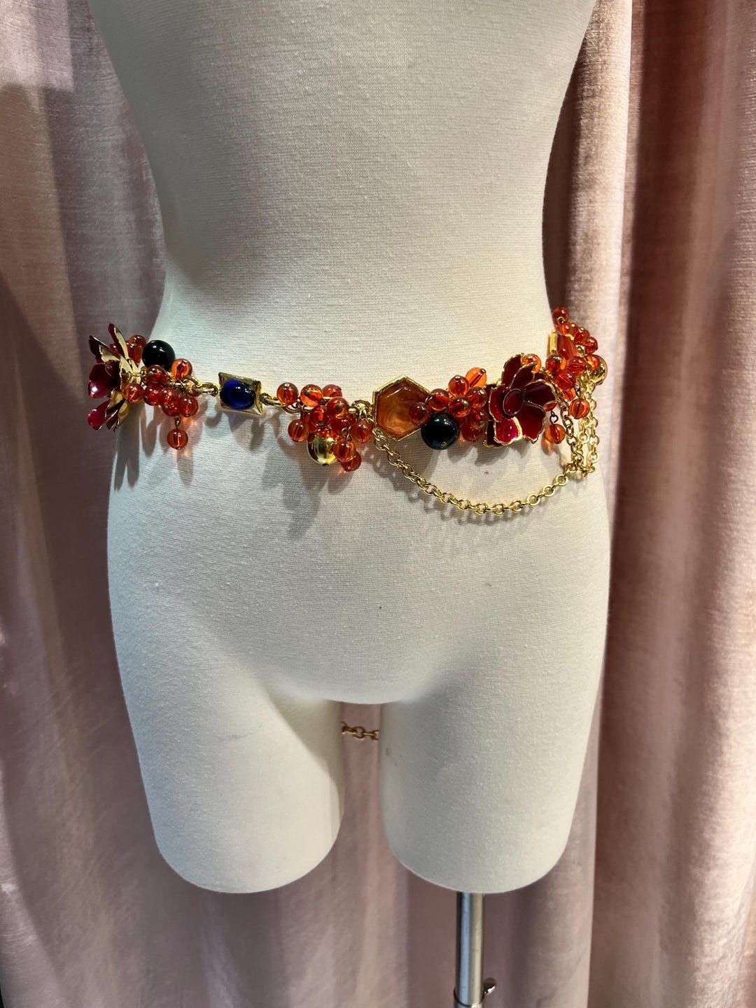 Vintage 1980s Gianni Versace Enamel Floral Metal Chain Waist Belt