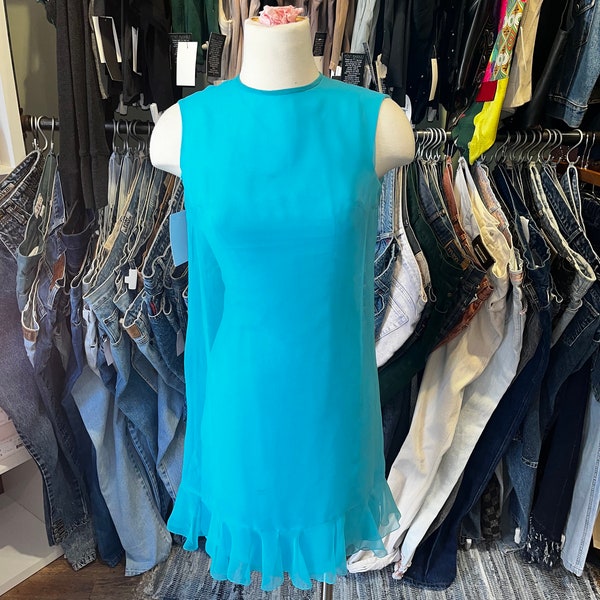 Vtg 60s CHIFFON ruffle Mod Shift Dress