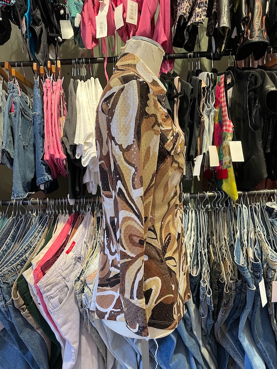 Vintage y2k Caché Sequin Disco Snap Button Down B… - image 4