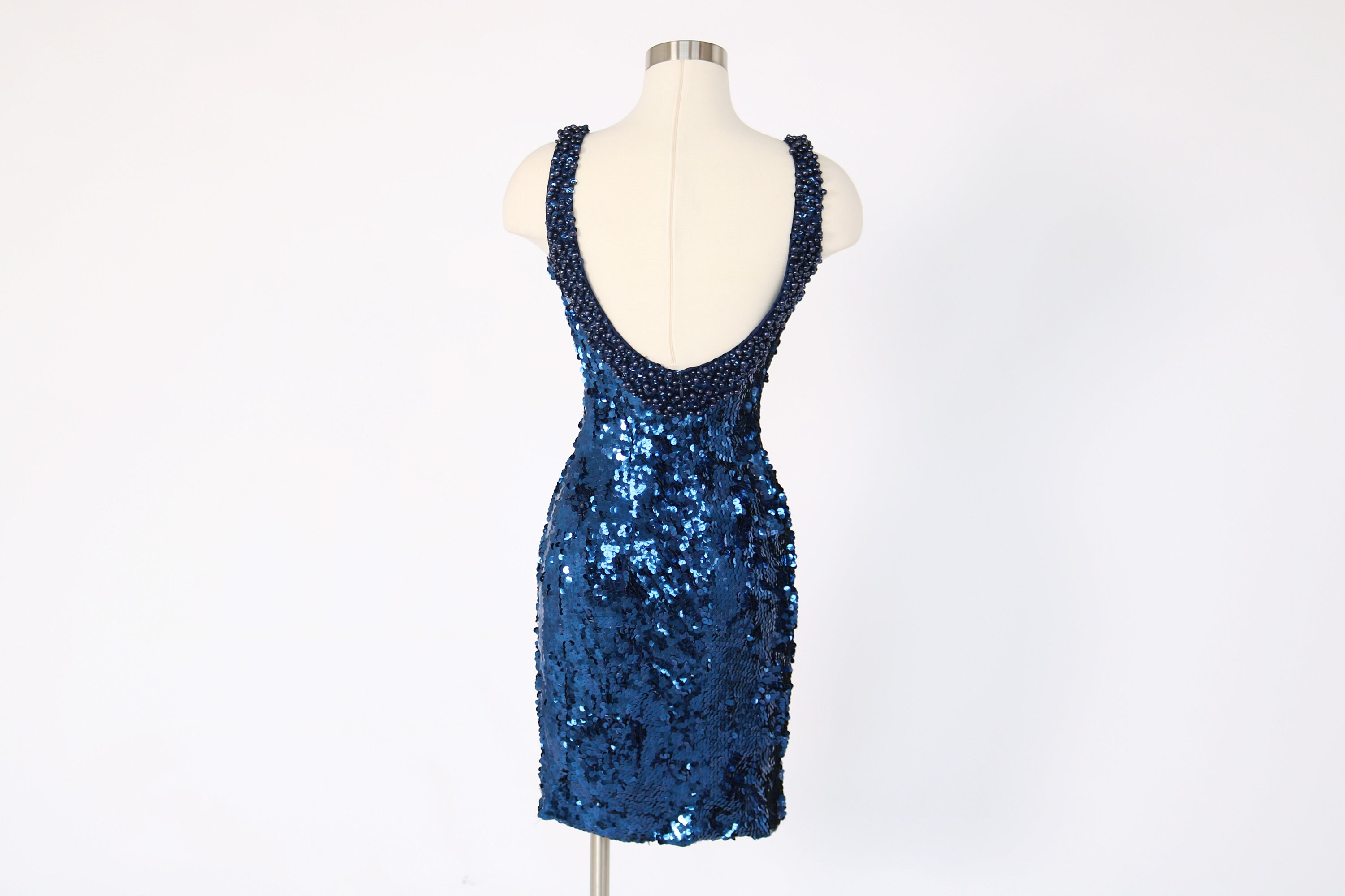 Vintage Blue Sequin Fitted Dress | Beaded Low Back Party Dress
