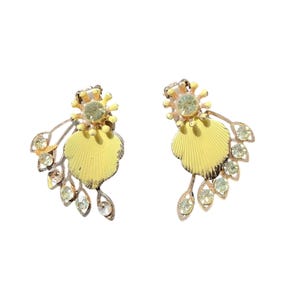 Vintage yellow Enamel & Rhinestone Leaf Clip-On Earrings