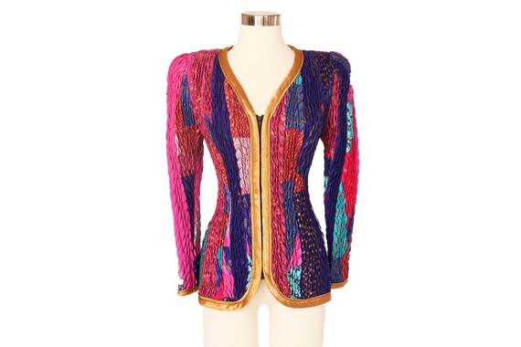 Vintage Puckered Patchwork Smocked Zip Blazer