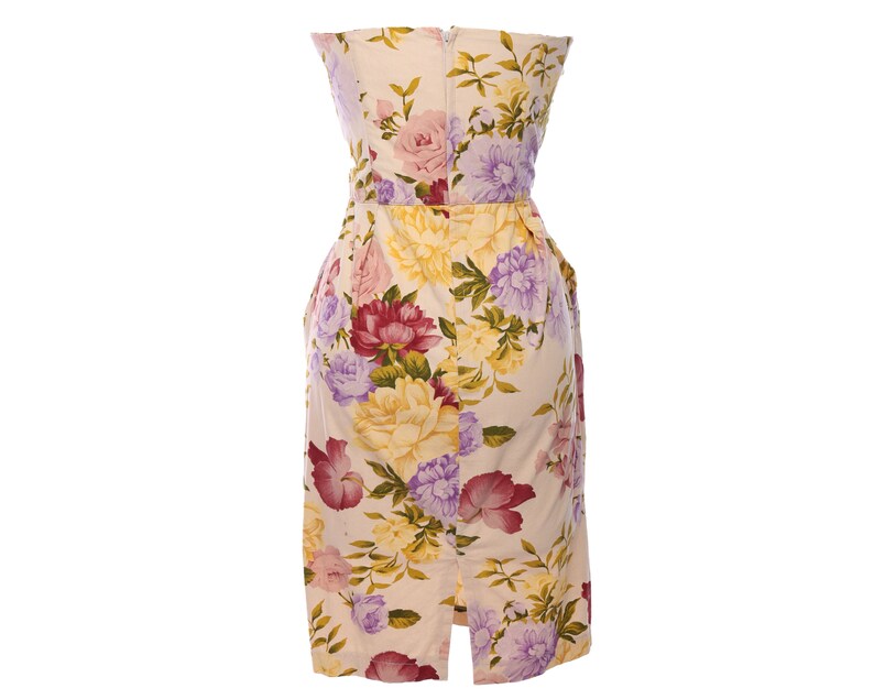 Vtg 90s FLORAL STRAPLESS TULIP Shift Draped Cocktail Party Mini Dress xS S