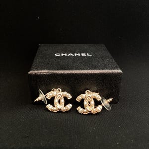 Chanel CC Logo Gold Pearl Hoop Earrings