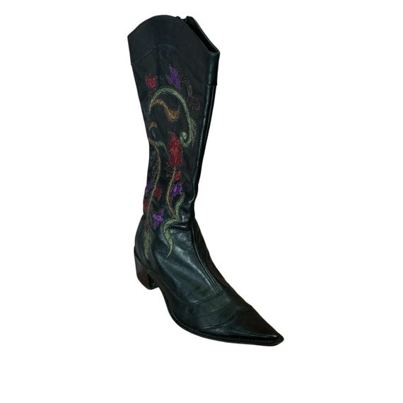 Vintage Floral Embroidered Leather Point Toe Long Cowboy Boot with Zipper Size 38