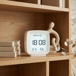 Puede incluir: Un reloj digital cuadrado de color blanco con esquinas redondeadas que muestra la hora 18:08, la fecha 2022.10.30, el día SUN, una temperatura de 21,6 grados Celsius y 53 por ciento de humedad en una pantalla LCD clara con números oscuros.