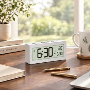 May include: A rectangular white digital alarm clock with a light-coloured screen displaying the time 6:30 AM, the temperature 28 degrees Celsius, the day THU, and an alarm icon. The clock features several control buttons along the top edge.