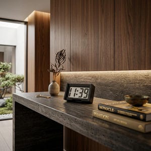 May include: A black digital alarm clock displaying the time 11:39 in white numbers. The clock is positioned on a dark textured surface next to a small beige vase with a dried plant, a gold key, and two stacked books titled Monocle and Phaidon.