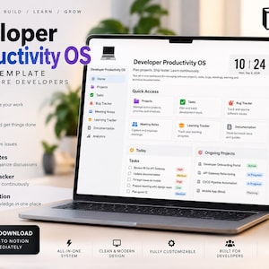May include: A laptop displaying the Developer Productivity OS Notion template for software developers. The screen shows a dashboard with sections for projects, tasks, bug tracking, meeting notes, learning, and documentation, alongside a mug with text.