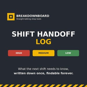 Puede incluir: Un gráfico digital gris oscuro titulado SHIFT HANDOFF LOG con un logotipo cuadrado amarillo para BREAKDOWNBOARD. Presenta tres botones de colores etiquetados como HIGH en rojo, MEDIUM en amarillo y LOW en verde, con el texto: What the next shift needs to know, written down once, findable forever.