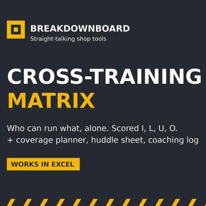 Peut inclure: Un modèle numérique de matrice de formation croisée gris foncé avec des accents jaunes et du texte blanc. Le graphique affiche le texte BREAKDOWNBOARD, Straight-talking shop tools, CROSS-TRAINING MATRIX, Who can run what, alone. Scored I, L, U, O. + coverage planner, huddle sheet, coaching log, et WORKS IN EXCEL.