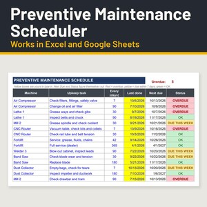 May include: A Preventive Maintenance Scheduler spreadsheet template for Excel and Google Sheets. The table lists machines, upkeep tasks, frequency in days, last done dates, next due dates, and status indicators in red, yellow, and green.