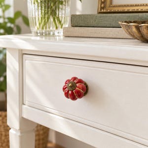 May include: A glossy red ceramic drawer knob with a pumpkin-like ribbed shape and a central antique brass-toned metal accent, mounted on the front of a white wooden drawer. The knob features a rounded, segmented design with metallic detailing.