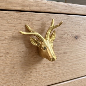 Brass Deer Head Cabinet Knobs, Gold Stag Drawer Pulls, Decorative Woodland Animal Handles for Dressers, Wardrobes and Rustic Cabin Furniture