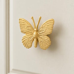 Small Butterfly Cabinet Knob in Brass, Natural Gold Finish with Textured Wings, Single Hole Furniture Hardware for Dressers and Drawers