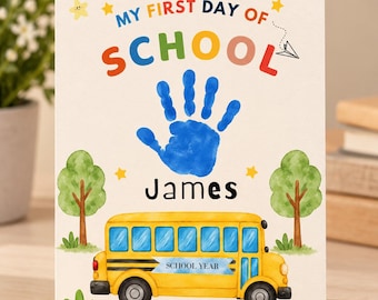 Tarjeta personalizada para el primer día de clases, huella de mano en acuarela, recuerdo de jardín de infantes (descarga digital)