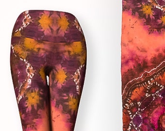 Coral & burgundy yoga leggings, unique tie dye yoga pants, orange to maroon mandala leggings, lotus yoga leggings, high waist yoga leggings