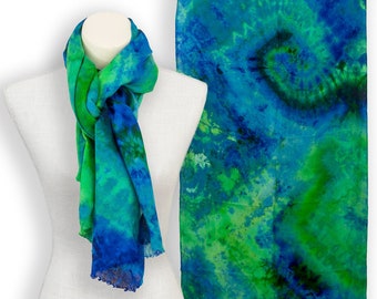 Colorful turquoise shibori scarf, gift for bride from bridesmaid, blue hippie scarf gift for mom new, psychedelic clothing mothers day gift