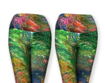 Rainbow crocodile print yoga leggings, colourful tall women leggings, extra wide waistband yoga capri and full length rainbow leggings