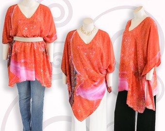 Living coral pink v neck silk top, salmon plus size tunic, loose fitting dress, spring wedding tall women clothing, boho caftan peach kimono