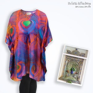 Colorful Peacock clothing, rainbow top plus size fashion, cotton silk boho caftan, empire waist bird clothing, travel clothes peacock kimono