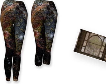 Graphic design asymmetrical leggings; Earthtone steampunk leggings; Brown gray and copper workout leggings; Dark patterned capri leggings