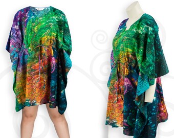 Rainbow bright crocodile print cotton silk kaftan, Trendy plus size womens clothes, Resort wear summer clothes, Gift idea for reptile lover