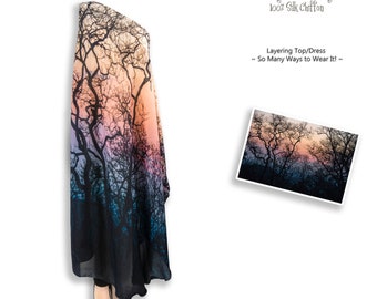 Ombre silk chiffon fabric layering fashion, Tree fabric plus size boho maxi, 12th anniversary gift for her, Tree lover gift, Unique clothing