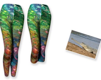 Bright colored crocodile print rainbow leggings, colourful capri leggings, workout clothing, compression fit leggings, extra long leggings