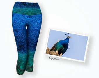 Bright blue high waist yoga capri leggings, peacock print womens leggings yoga, cut off yoga leggings, workout clothes, exercise clothing