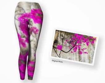 Colorful hot pink leggings, womens long leggings, hot pink floral leggings, bougainvillea flower leggings, unique valentine day gift for her