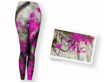 product of Canada eco-poly spandex fabric easy care fabric vibrant floral pink long leggings Asymmetrical print full length leggings