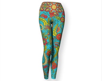 Turquoise mehendi yoga leggings, extra stretch no elastic foldover waistband leggings, psychedelic rainbow colored long & capri leggings