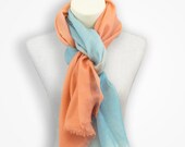 Peach to blue ombre dyed pashmina, ombre fabric birthday gift for mother in law, india fabric bridal wrap, wedding favor, bridal shower gift